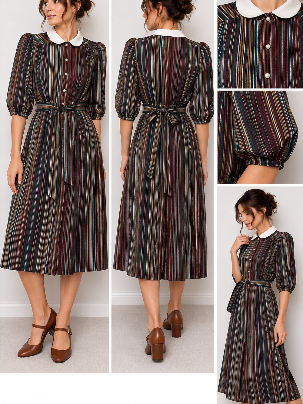 Vintage Striped Peter Pan Collar Midi Dress Belted